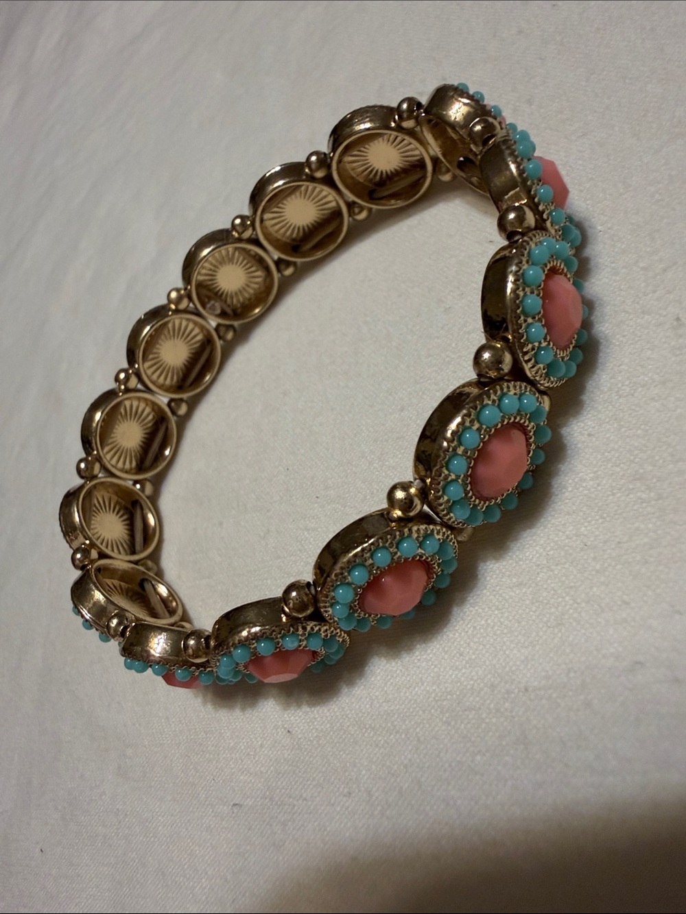 Gold-Tone Pink & Turquoise Floral Stretch Bracelet vintage look